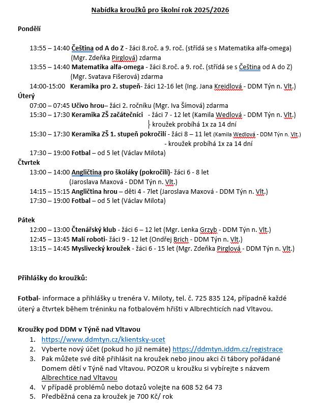 Nabídka kroužků v ZŠ a MŠ Albrechtice nad Vltavou