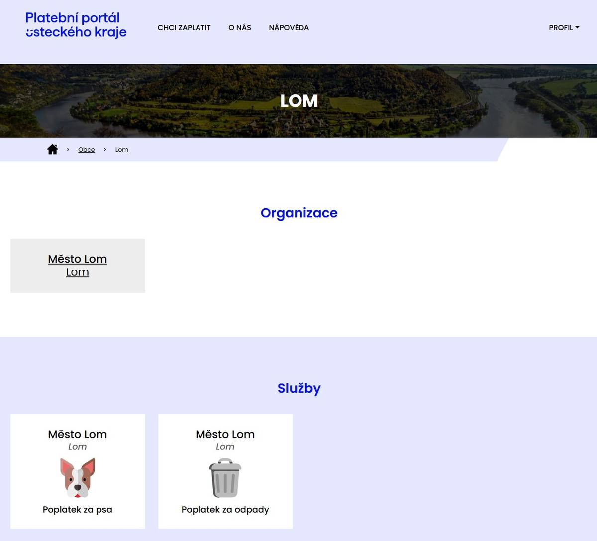 Od 26. září 2025 je možno využívat nový Platební portál. Jde o moderní online nástroj, který usnadní a zrychlí úhradu místních poplatků za psy a odpady. Úhrada místních poplatku přes Platební portál https://platby.kr-ustecky.cz/obec/most/lom Nabízí možnost platby platební kartou, bankovním převodem i prostřednictvím QR kódu.  Platby prostřednictvím Portálu je možné provádět i bez registrace. Registrace však zajišťuje větší komfort – například získáte přehled o provedených platbách nebo si můžete přednastavit obce, ve kterých jsou poskytovány služby, za které platíte. S dotazy k platbám přes Portál se můžete obrátit na  Tel.: 476769870 E-mail: baxova@mesto-lom.cz