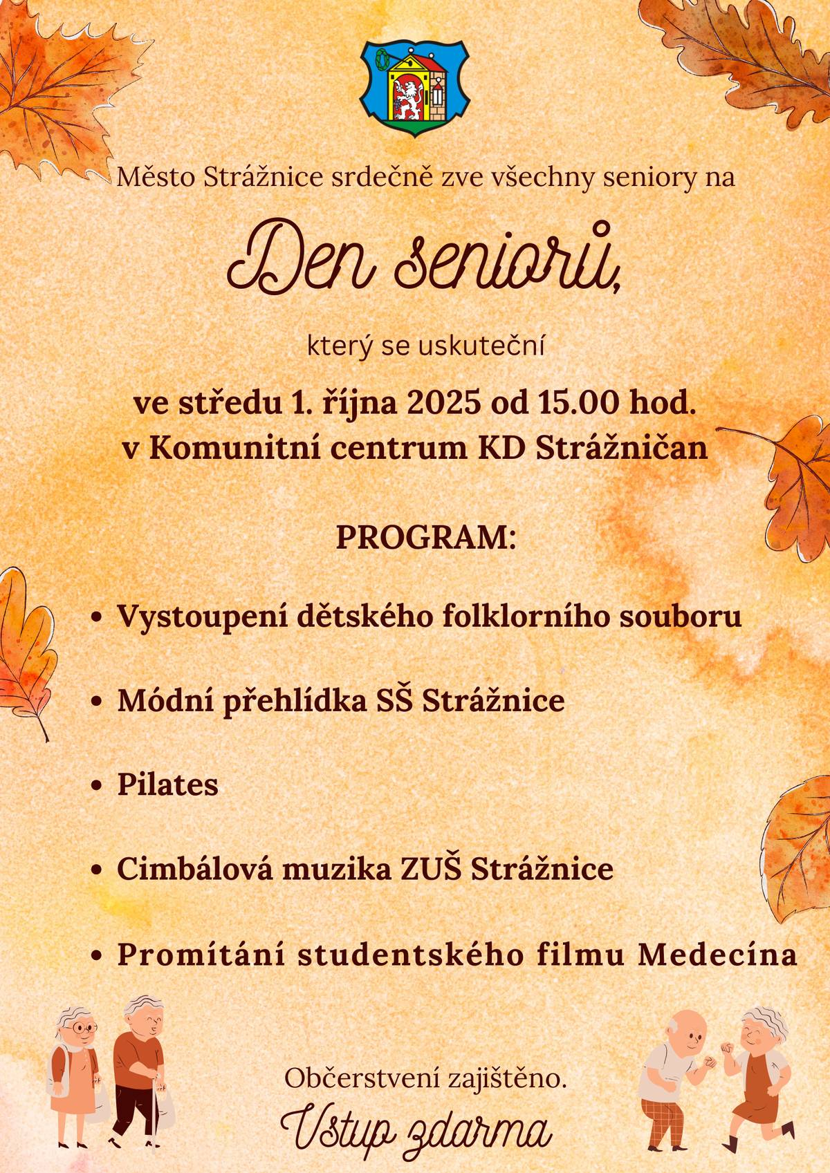 Ve středu 1. října 2025 od 15:00 v KD Strážničan – hudba, tanec, film i občerstvení 🎶🍰🎬 Vstup zdarma.