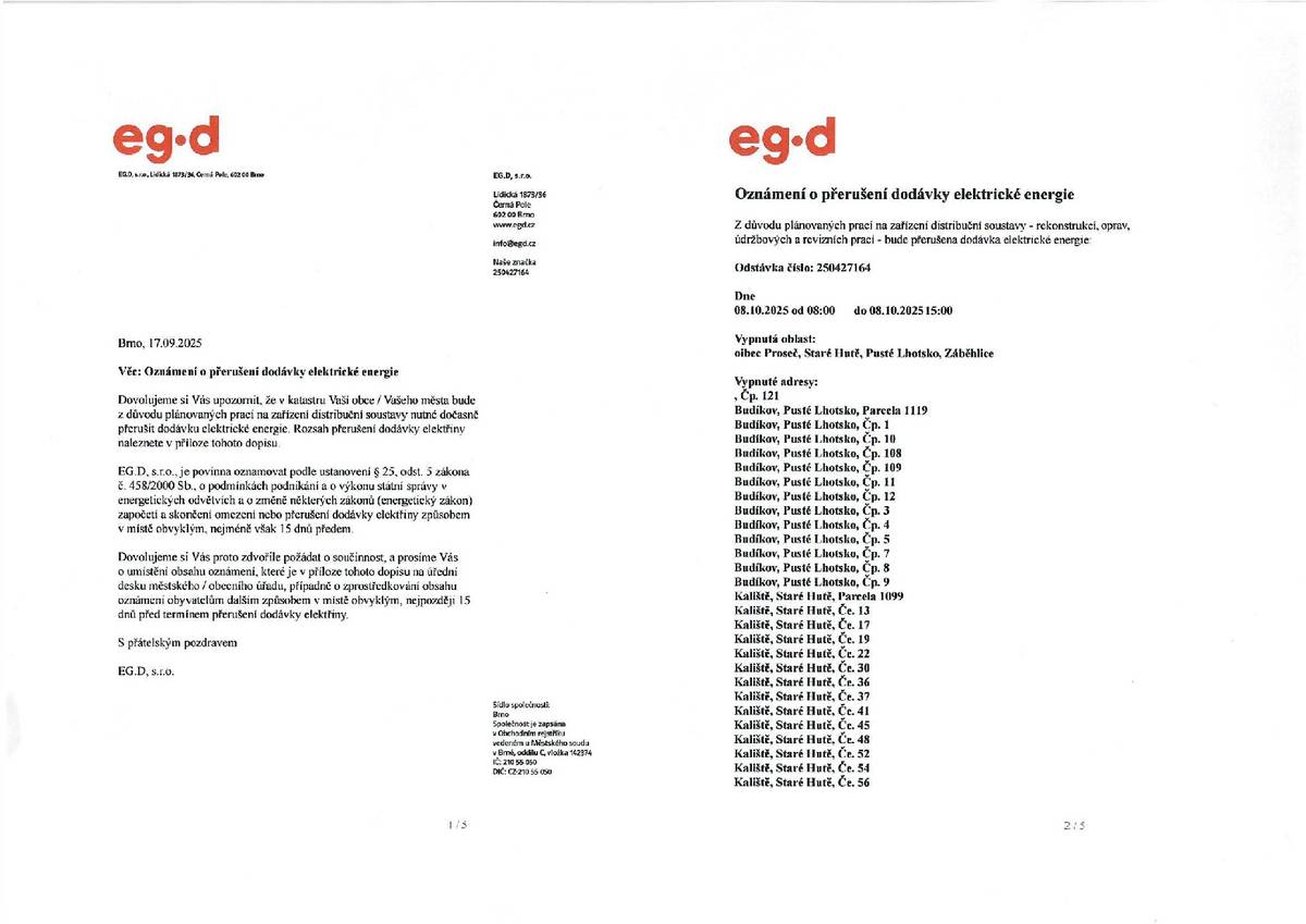 Oznámení o přerušení dodávky elektrické energie Pusté Lhotsko 8.10.2025 od 8:00 - 15:00 hod.