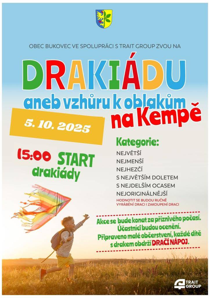 Obec Bukovec srdečně zve milovníky draků a rodinné zábavy na Drakiádu, která se bude konat v neděli 5. 10. 2025 od 15:00 na Kempě.  Více viz plakát.