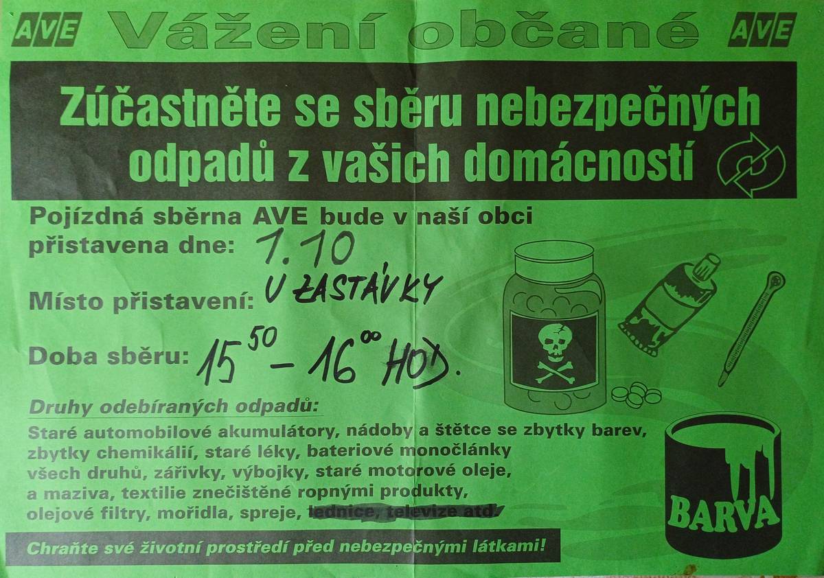 Sběr nebezpečného odpadu 1.10.2025 15:50 - 16:00 u autobusové zastávky.