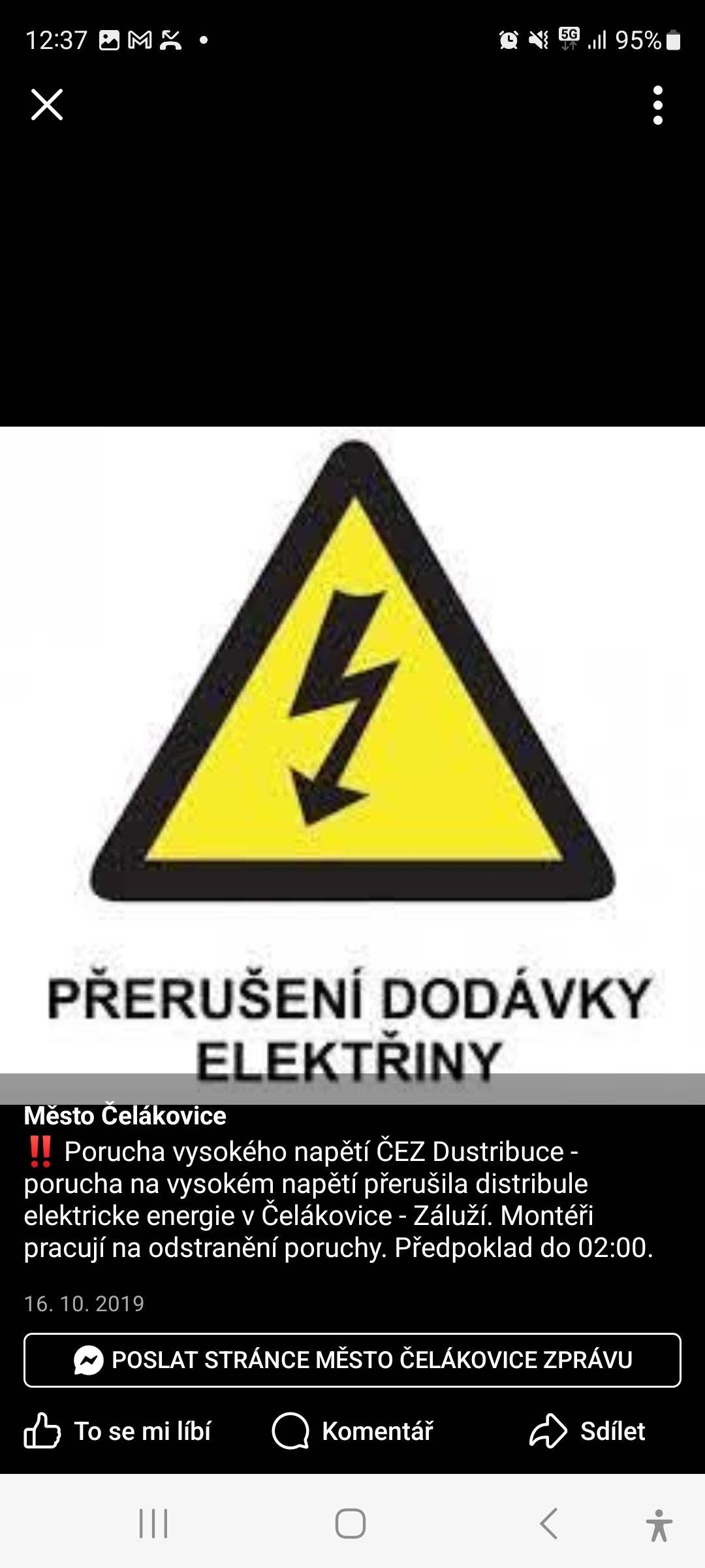 Porucha na vysokém napětí přerušuje dodávky elektrické energie v Litni. Na opravě ČEZ pracuje. Omlouváme se za komplikace.