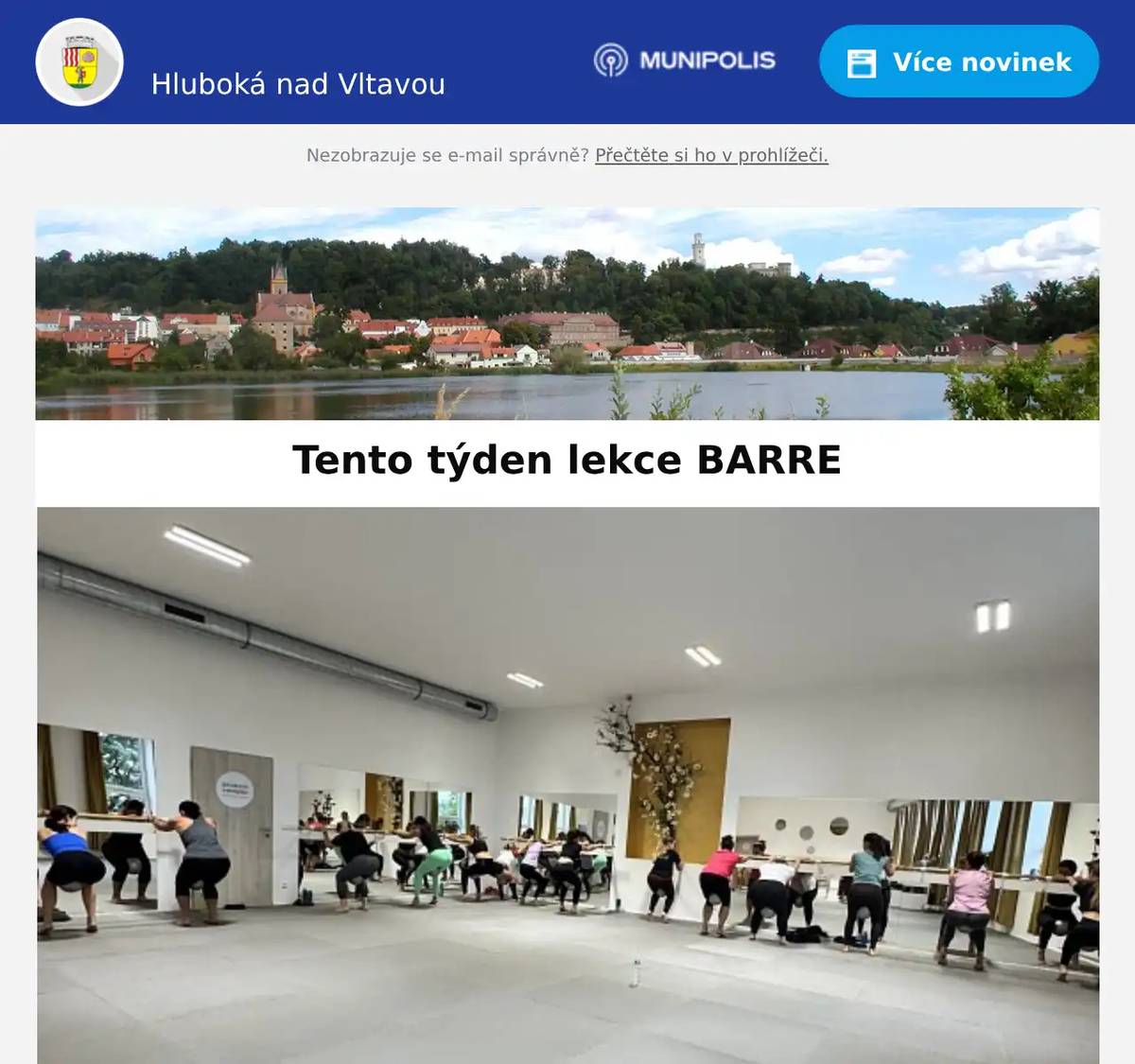 Milí spoluobčané, POZOR tento týden lekce BARRE v PÁTEK od 19:00 hodin BARRE s lektorkou Eliškou Sosnovou v sále Děti v pohybu Zámostí, Pražská 676, Hluboká nad Vltavou, cena lekce 250,-  nutná rezervace přes SMS 777147740  Co je BARRE?Fitness lekce vycházející z baletních pozic u baletní tyče (angl. barre)Kombinuje prvky baletu, pilates, jógy a funkčního posilováníHlavní důraz je na držení těla, rovnováhu, flexibilitu, stabilitu středu těla (core) a tvarování postavy. Hluboká v pohybutel. 777 147 740www.hlubokavpohybu.czFB - https://www.facebook.com/hlubokavpohybu