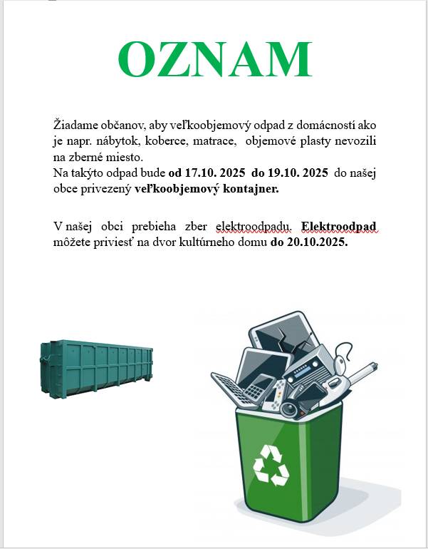 Veľkoobjemový kontajner 17.10.2025-19.10.2025  Elektroodpad do 20.10.2025