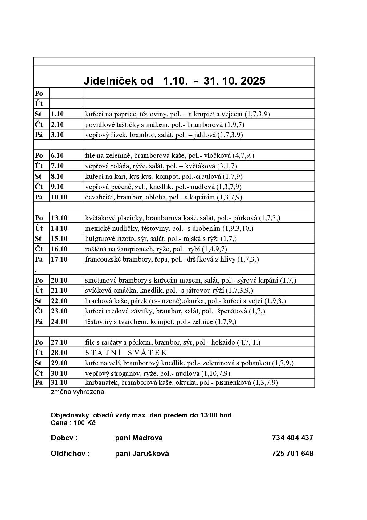 Jídelníček MŠ - říje