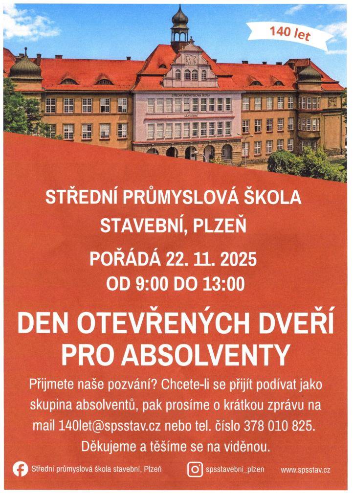 Střední průmyslová škola stavební, Plzeň pořádá v sobotu  22. listopadu 2025 od 9.00 do 13.00 hodin "DEN OTEVŘENÝCH DVEŘÍ PRO ABSOLVENTY - PLZEŇ"