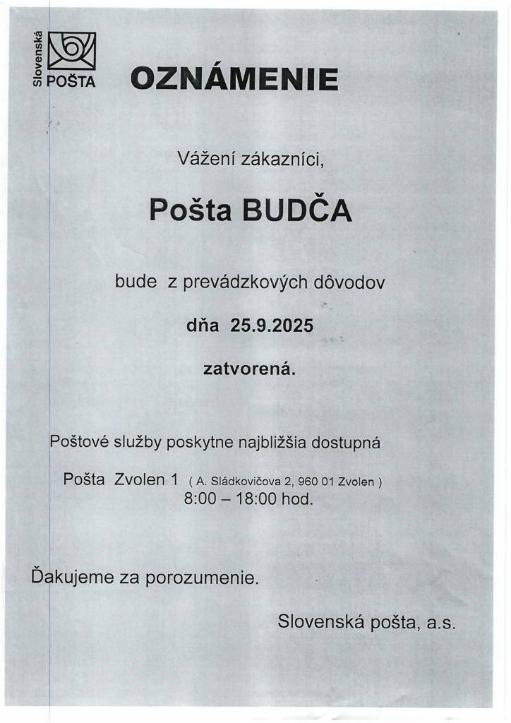 Pošta Budča dňa 25.9.2025 zatvorená