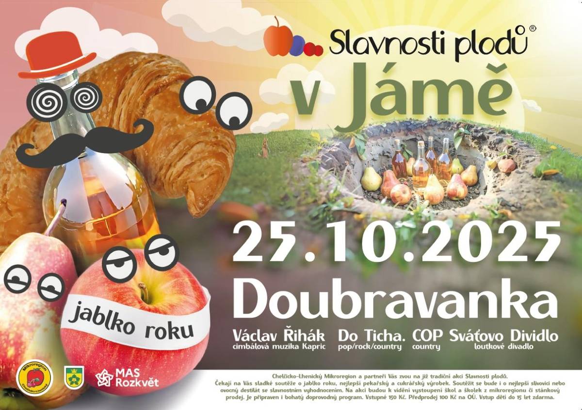 Mikroregion Chelčicko-Lhenický a partněři Vás zvou na již tradiční akci Slavnosti plodů. Čekají na Vás soutěže se slavnostním vyhodnocením. Na akci bude k vidění vystoupení mateřských školek z mikroregionu či stánkový prodej. Je připraven bohatý doprovodný program.