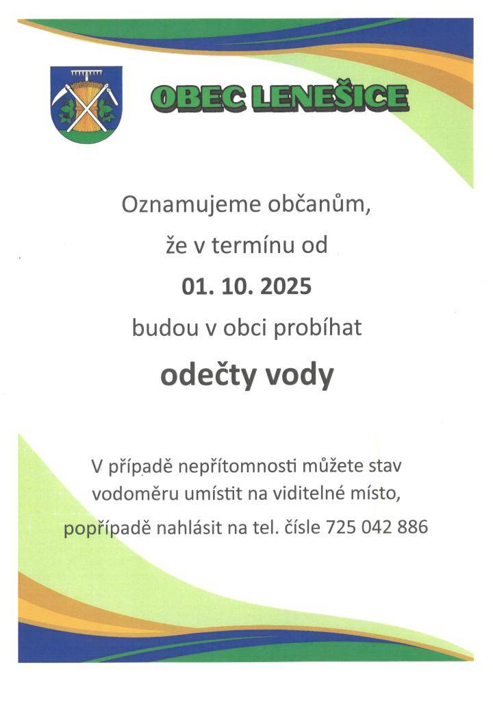 Oznamujeme občanům, že v termínu od 01.10.2025 budou v obci probíhat odečty vody.