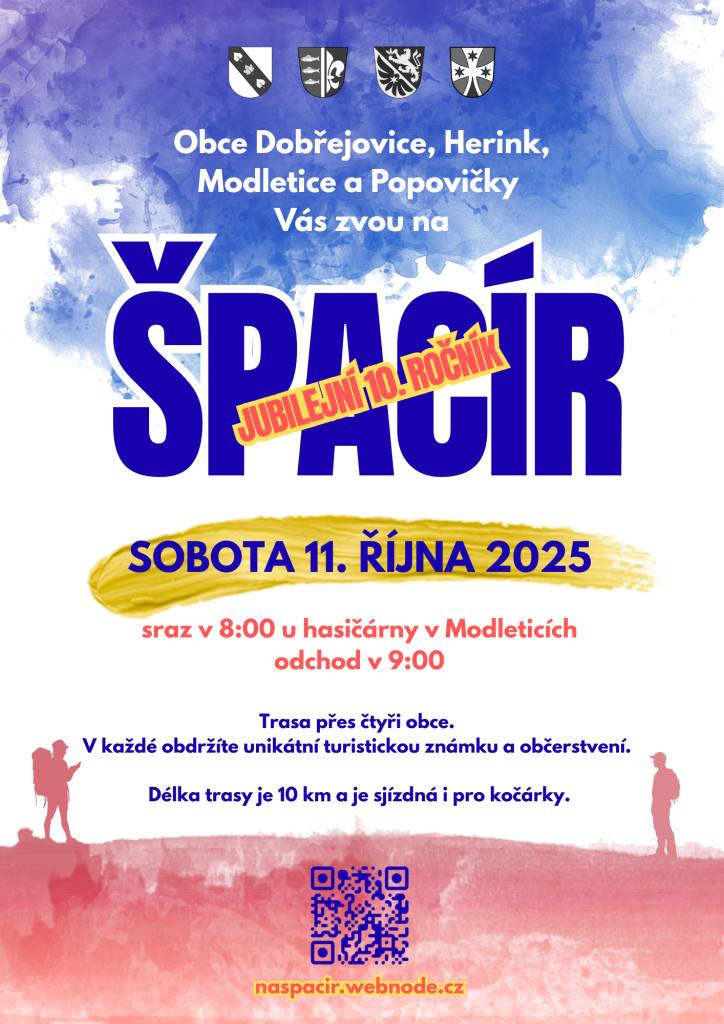 V sobotu 11.10. se koná již 10.ročník turistického pochodu přes čtyři obce. Sraz v 8:00 v Modleticích u Hasičské zbrojnice, poté se půjde do Popoviček, Herinka, Dobřejovic a zpět do Modletice kde bude grilované prase a akce ukončena. Více informací ohledně trasy a harmonogramu na naspacir.webnode.cz