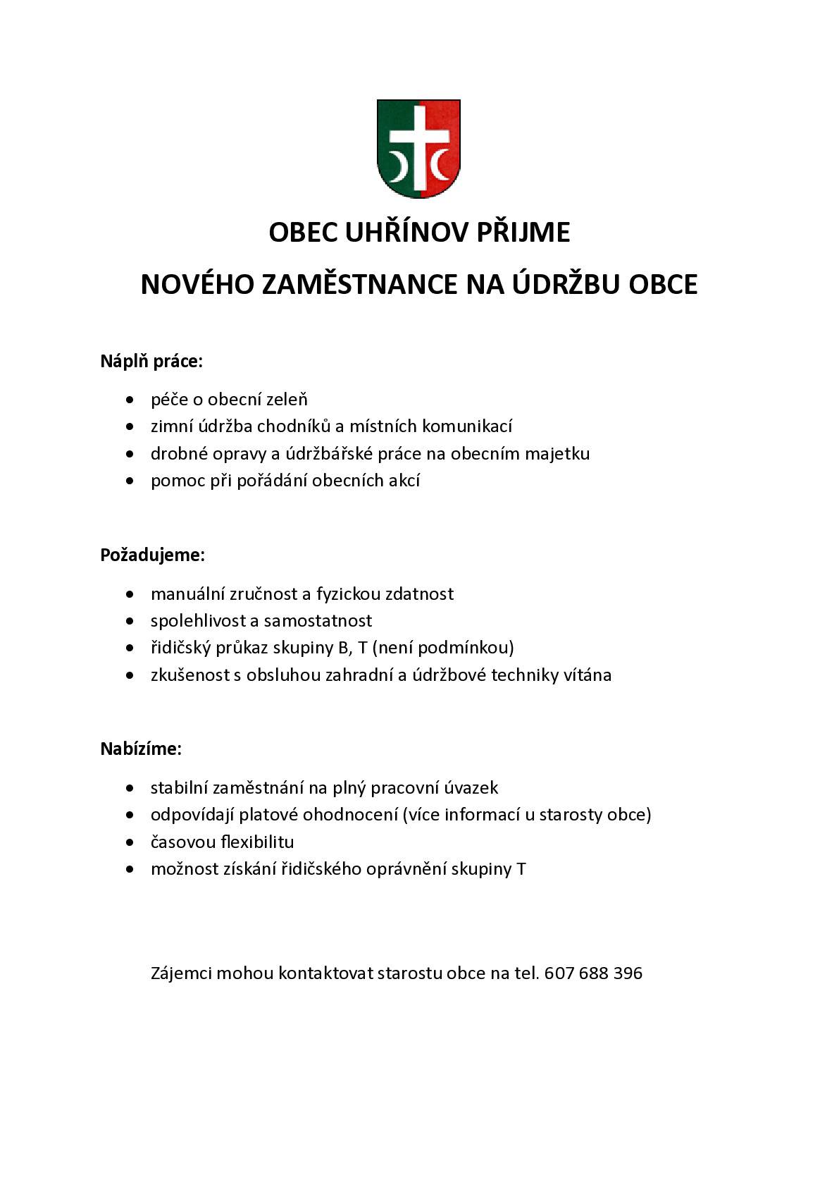 Obec Uhřínov přijme nového zaměstnance na údržbu obce