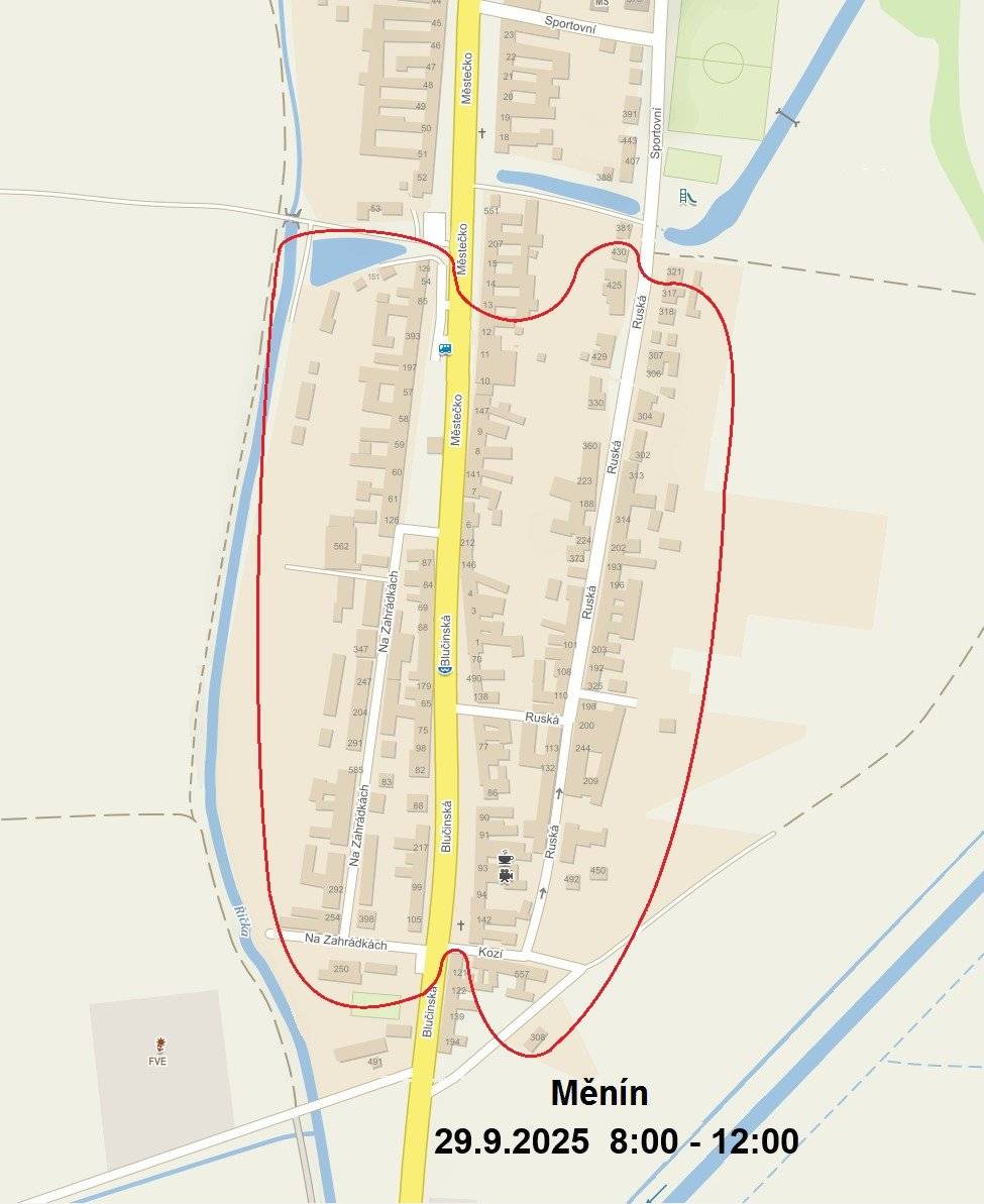 Oznámení o přerušení dodávky elektrické energie 29. 09. 2025   Oznámení o přerušení dodávky elektrické energie           Z důvodu plánovaných prací na zařízení distribuční soustavy - rekonstrukcí, oprav, údržbových a revizních prací - bude přerušena dodávka elektrické energie: Odstávka číslo: 250400882 Dne 29.09.2025 od 08:00 do 29.09.2025 12:00 Vypnutá oblast: Měnín - Městečko od č.p. 12 a 129 směr Blučinská, - Blučinská od Městečka po Kozí , - Na Zahrádkách, - Kozí, - Ruská od č.p. 317 a 430 směr Kozí  EG.D, s.r.o., jako provozovatel distribuční soustavy je k provedení tohoto nezbytného kroku oprávněna na základě ustanovení § 25 odst. (3) písmeno c) bod 5 zákona č. 458/2000 Sb. ve znění pozdějších předpisů (energetický zákon). Žádáme odběratele el.energie o pochopení pro toto nezbytné omezení.   Upozornění: V době přerušení dodávky elektřiny je nutné z důvodu bezpečnosti považovat energetické zařízení za zařízení pod napětím. Případné použití vlastního náhradního zdroje v době přerušení dodávky elektřiny je nutné předem vždy projednat se společností EG.D, s.r.o. Pro případné další informace volejte Nonstop linku EG.D 800 22 55 77 nebo navštivte www.egd.cz, kde najdete další informace o přerušení dodávek elektřiny. Děkujeme Vám za pochopení. EG.D, s.r.o.