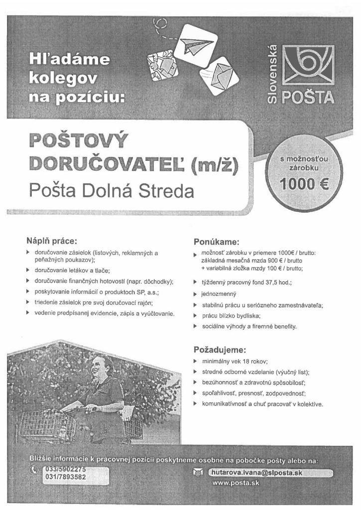 Pošta Dolná Streda - voľná pozícia poštový doručovateľ