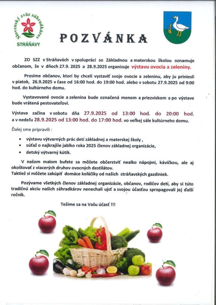 ZO SZZ v Stráňavách v spolupráci so ZŠ a MŠ oznamuje občanom, že v dňoch 27. 9. 2025 a 28. 9. 2025 organizuje výstavu ovocia a zeleniny.    Výstava začína v sobotu od 13:00 do 20:00 a v nedeľu od 13:00 do 17:00 vo veľkej sále kultúrneho domu.    Tešíme sa na Vašu účasť!