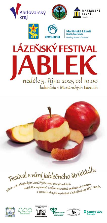 Dovolujeme si Vás srdečně pozvat na festival jablek, který se uskuteční v neděli 5. října 2025 od 10:00 do 17:00 na kolonádě v Mariánských Lázních. Program zahrnuje soutěže, výstavy a kulturní vystoupení, které potěší návštěvníky všech věkových kategorií.