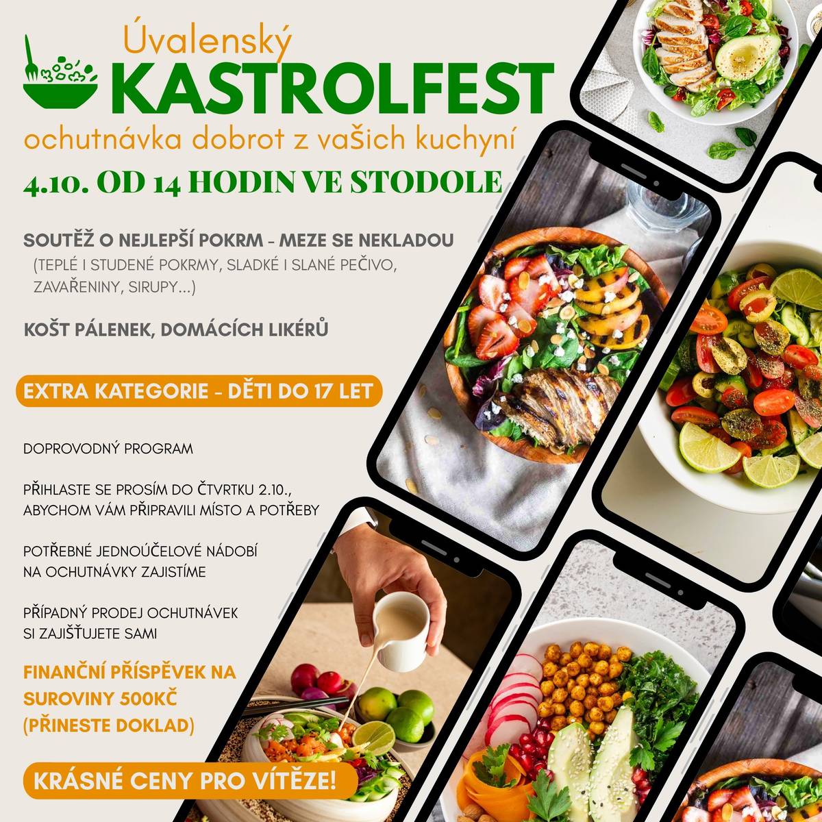 V sobotu 4.10. se koná tradiční KASTROLFEST - ochutnávka dobrot z Vašich kuchyní. Můžete se přihlásit se svou dobrotou - sladkou, slanou, pečenou, vařenou, smaženou, sušenou, zavařenou... My Vám přispějeme 500Kč. Kategorie i pro děti, zvláštní kategorie KOŠT PÁLENEK, hezké ceny...