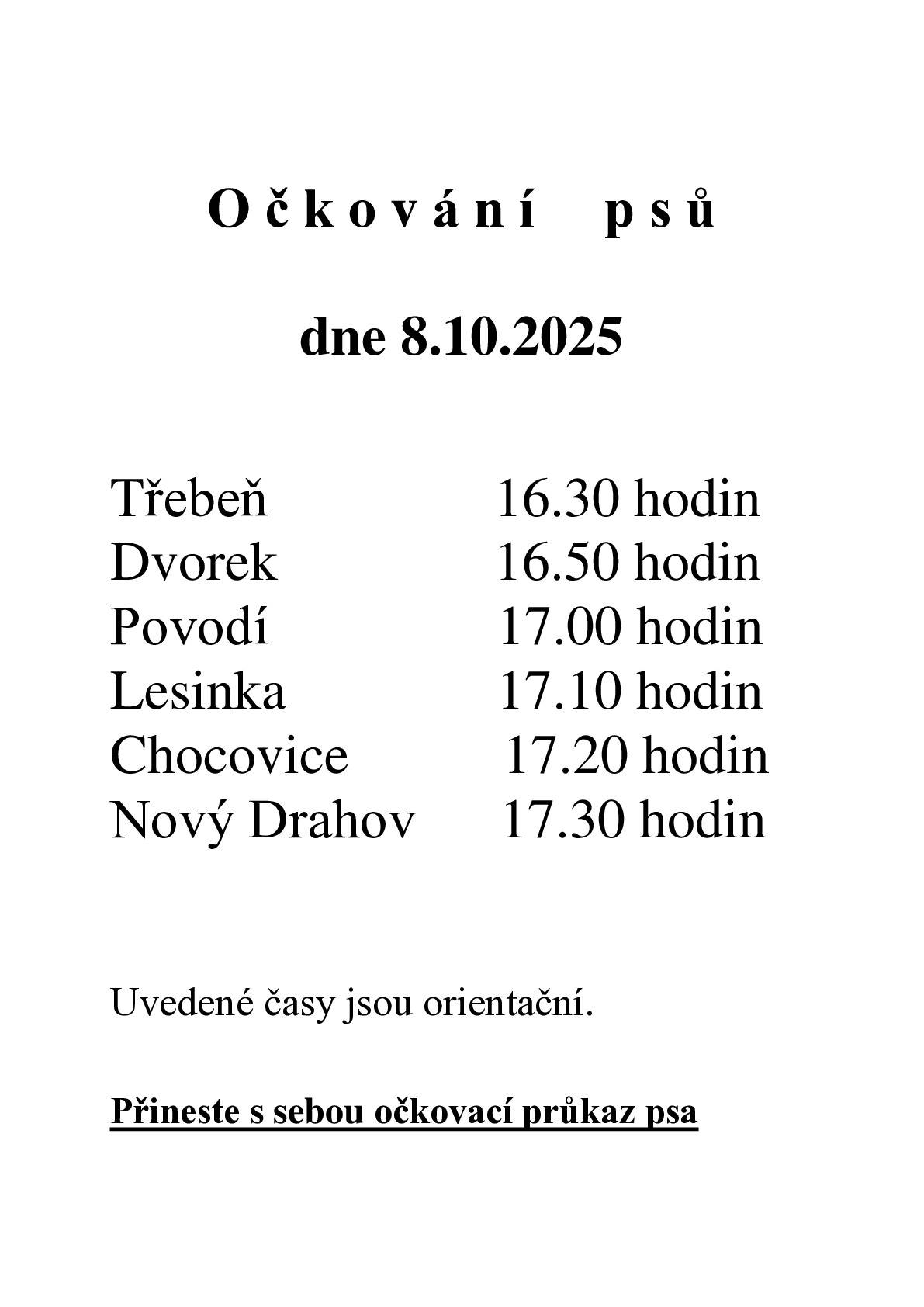 Dne 8.10.2025 proběhne na třebeňsku očkování psů