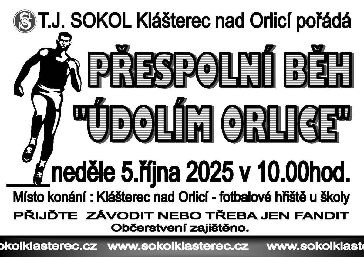 Srdečně zveme všechny sportovce i fanoušky na tradiční závod! Neděle 5. října 2025 Start v 10:00 Klášterec nad Orlicí – fotbalové hřiště u školy Přijďte závodit nebo jen povzbudit běžce a užít si příjemnou sportovní atmosféru. Občerstvení je zajištěno. Těšíme se na Vás!