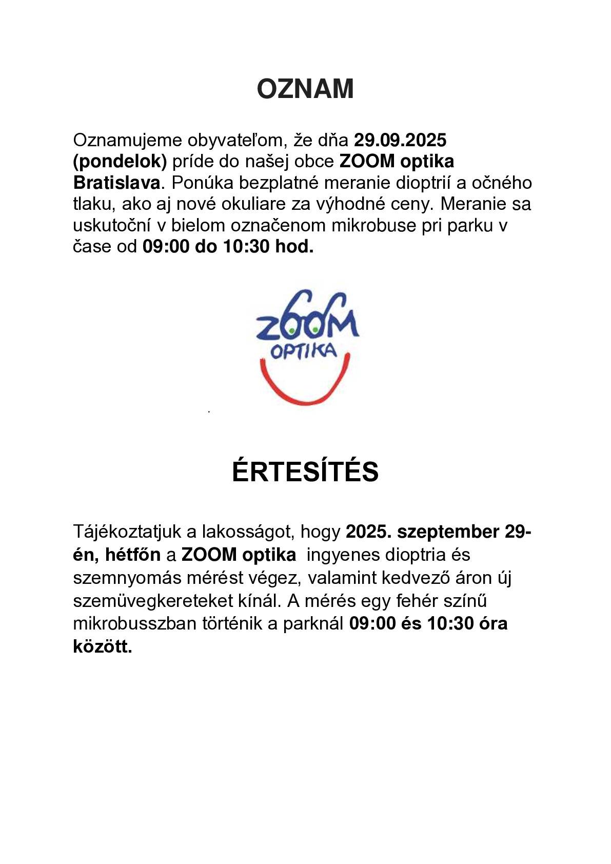 Oznam -  Értesítés