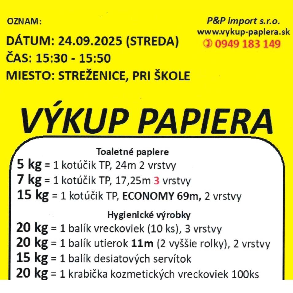 V stredu 24.9.2025 v čase od 15:30 do 15:50 sa uskutoční v našej obci výkup papiera.