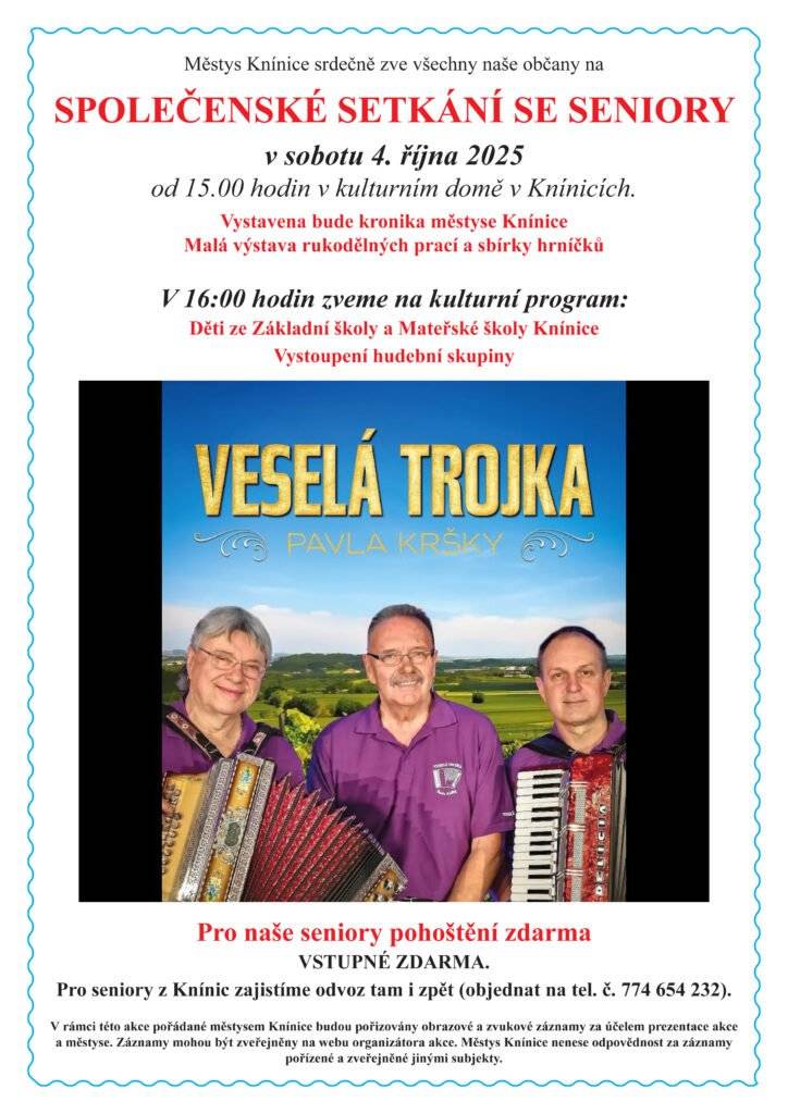 zveme na setkání se seniory v kulturním domě v Knínicích v sobotu dne 4.10.2025