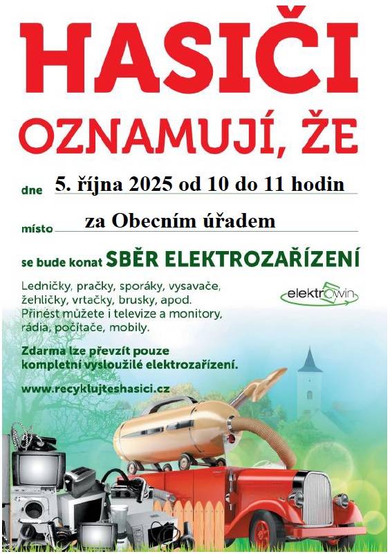 SDH Ohnišťany oznamuje, že v neděli 5. října proběhne od 10 do 11 hodin za obecním úřadem sběr elektroodpadu.