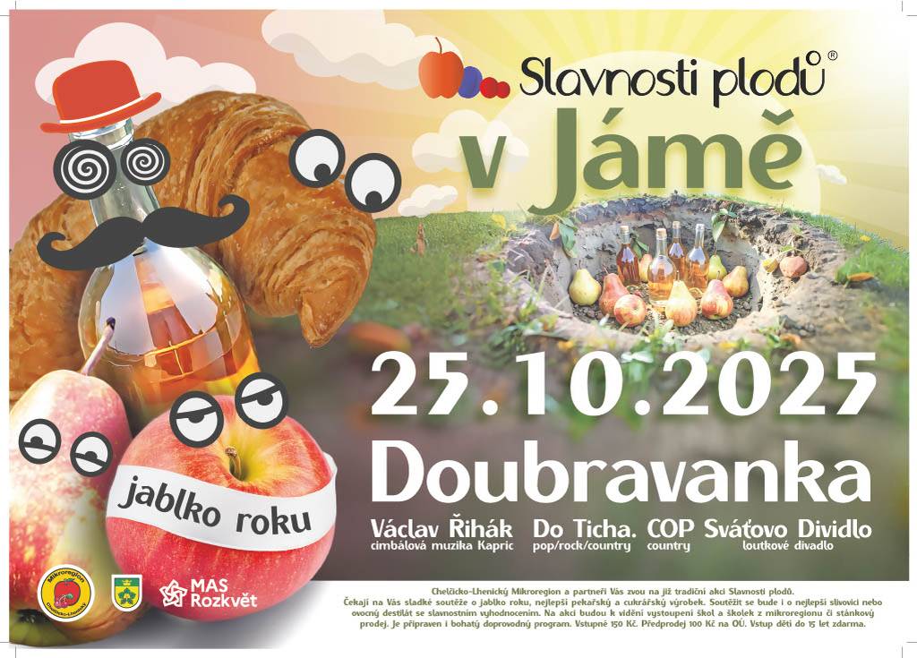 V sobotu 25. října 2025 se v Jámě uskuteční již tradiční Slavnosti plodů. Návštěvníci se mohou těšit na vystoupení škol a školek, stánkový prodej a bohatý doprovodný program.