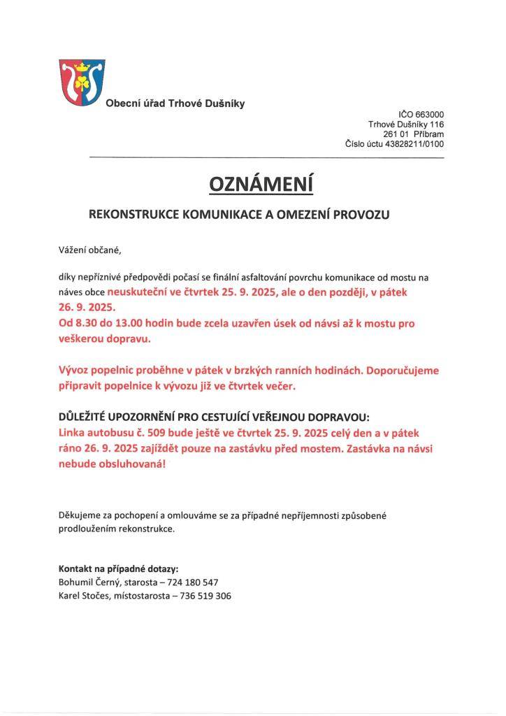 Upozornění - změna termínu asfaltování a uzavření komunikace