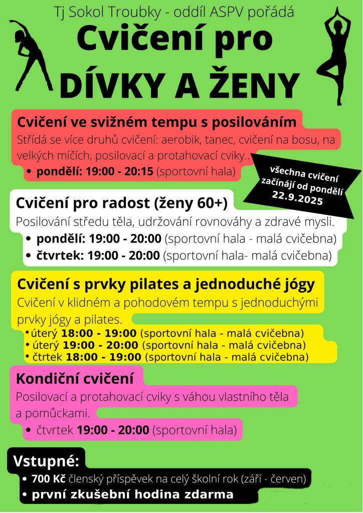 TJ Sokol Troubky oddíl ASPV pořádá cvičení pro dívky a ženy