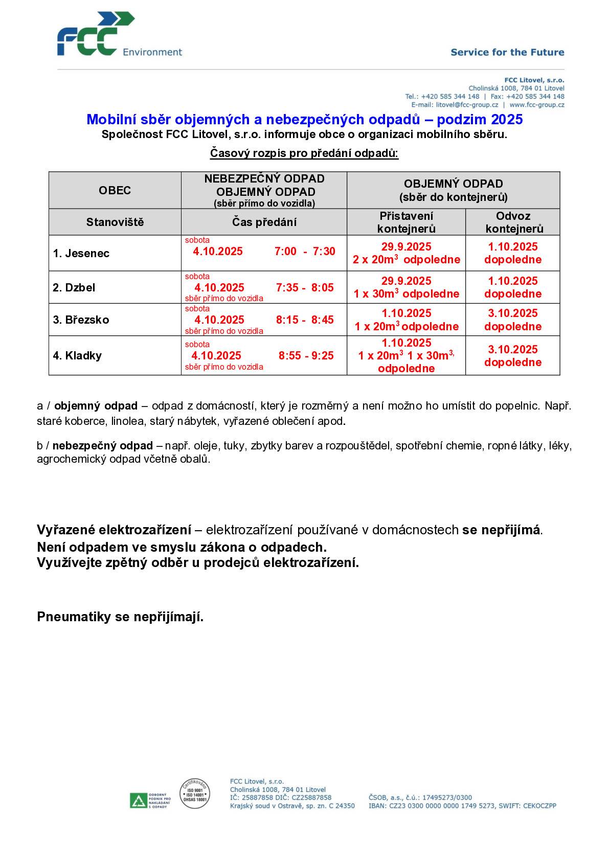 OBJEMNÝ ODPAD (sběr do kontejnerů na návsi) - 01.10.2025 odpoledne - 03.10.2025 dopoledne Termín svozu objemného a nebezpečného odpadu v obci Kladky– sobota 4.10.2025 - přímo do vozidla na návsi    Důležité upozornění: Při mobilní svozu odpadů se nepřijímá:  stavební odpad (suť, cihla, eternitová krytina apod.), pneumatiky všech rozměrů, běžný domovní odpad (komunální odpad, plast, papír) vyřazené elektro zařízení, využívejte zpětný odběr u prodejců elektrozařízení nebo směrný dvůr v obci Kladky      Objemný odpad se přijímá v přiměřeném množství cca 80,00 kg/obča