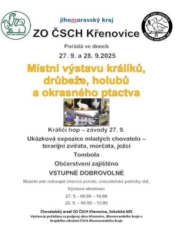 Chovatelé z Křenovic srdečně zvou na výstavu drobného zvířectva a závody v králičím hopu.