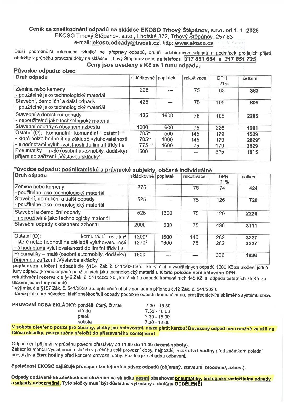 Informace pro občany o provozní době skládky a cenách skládkovného