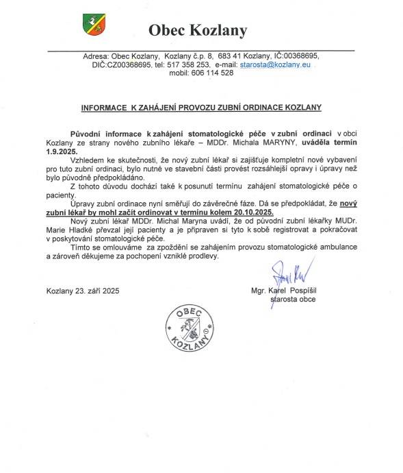 Informace o zahájení provozu zubní ordinace Kozlany
