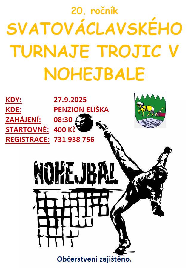 I přes nepříznivé počasí v tomto týdnu, je na zítřejší sobotu počítáno s příjemným počasím a proto se přihláste do jubilejního 20. ročníku Svatováclavského turnaje v nohejbale, který se uskuteční u penzionu Eliška. Setkání účastníků v 08:30. Občerstvení je zajištěno.