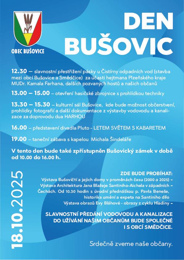 Pozvánka na slavnostní předání vodovodu a kanalizace a připomenutí výročí 910 let od první písemné zmínky o obci Bušovice