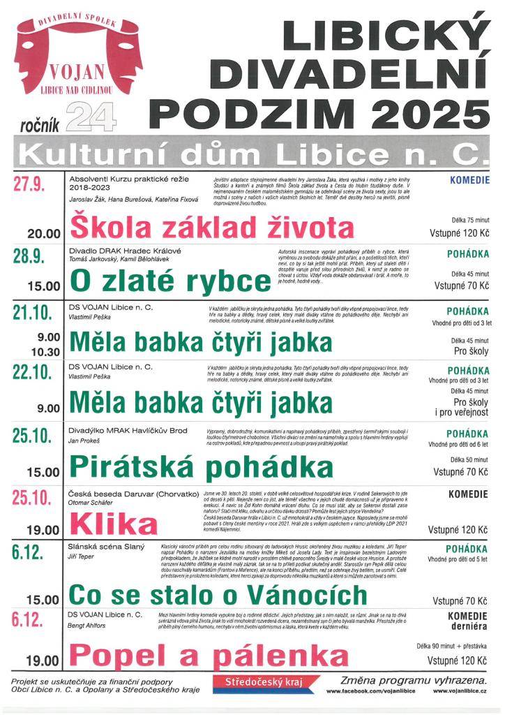 V Libici nad Cidlinou odstartuje 24. ročník přehlídky Libický divadelní podzim, který nabídne zajímavý program pro všechny milovníky divadla.