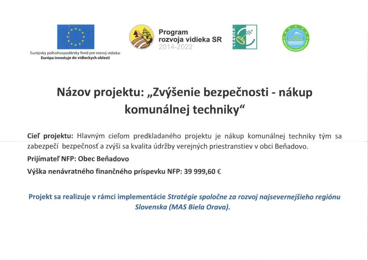 Názov projektu: Zvýšenie bezpečnosti - nákup komunálnej techniky