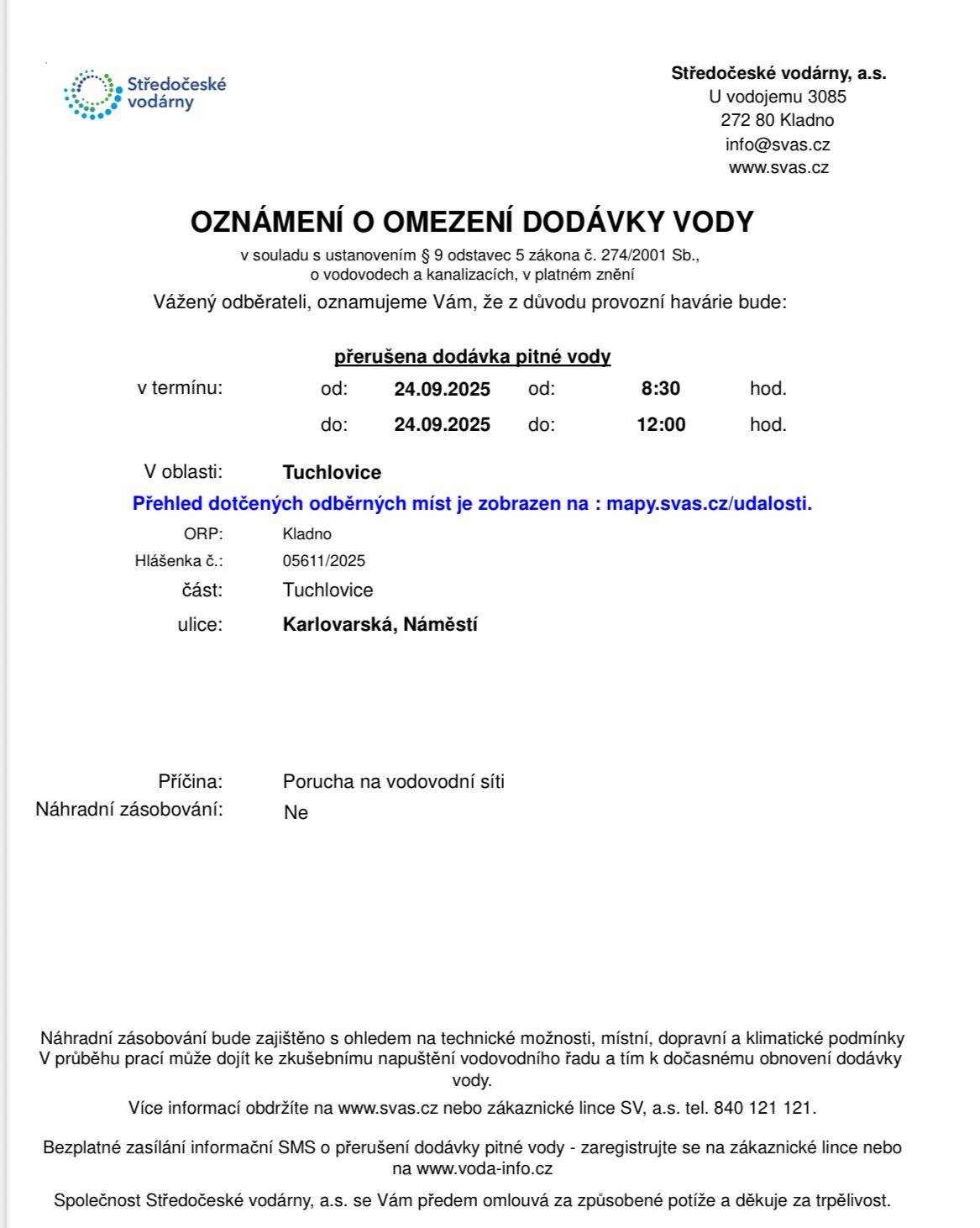 Zítra proběhne další odstávka vody.