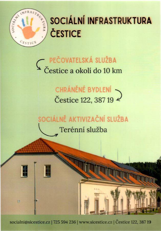 Sociální infrastruktura Čestice je tu pro Vás...  1.10.2025 od 9:00-15:00 hod. den otevřených dveří, všichni jsou srdečně zváni.  Více na www.sicestice.cz, nebo na Facebooku