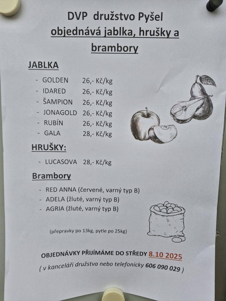 DVP Pyšel přijímá do 8.10.2025 objednávky na jablka, hrušky a brambory