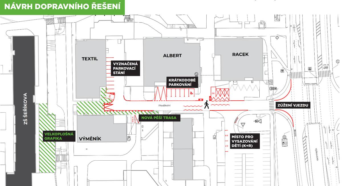 Vážení rezidenti,  jistě jste zaregistrovali úpravy ulice Předškolní, které souvisí s připravovanou školní ulicí pro ZŠ Šeříková. Cílem tohoto projektu je zajistit dětem bezpečnější cestu do školy a podpořit je v samostatné docházce. Pozitivní změny přinese projekt ale i místním obyvatelům, zejména z pohledu celkového zpříjemnění prostředí v daném místě a zpřehlednění dopravní situace v ranních a odpoledních špičkách.  V uplynulých týdnech již proběhla oprava poničeného povrchu vozovky a vydláždění vyšlapané pěšiny. Dále bylo v ulici Předškolní realizováno nové dopravní značení, které:   ·                    zavede zónu 30,   ·                    vymezí sloupky novou pěší trasu ke škole,   ·                    zvýrazní místo přecházení vozovky u prodejny Albert,   ·                    zorganizuje parkování prostřednictvím vyznačených stání, která zohledňují potřeby různých uživatelů – K+R (kiss and ride) pro rychlé vysazení dětí a krátkodobá stání s omezením na 15 minut pro rodiče doprovázející děti do školky či 1. třídy. Po skončení vyučování budou tato místa k dispozici rezidentům. Vyznačená parkovací místa zvýší přehlednost a bezpečnost ulice. Jasné oddělení prostoru pro chodce od ploch určených pro parkující či jedoucí auta sníží riziko kolizí. Nevhodně či nelegálně zaparkovaná auta totiž zhoršují rozhled a při přecházení vozovky ohrožují zejména mladší děti, které za nimi nejsou vidět, a zároveň blokují průjezd dalších vozidel. Všechny úpravy patří do tzv. nestavebních zásahů, jež nevyžadují stavební povolení a dají se realizovat v poměrně krátkém čase. Představují krok ke zlepšení současné dopravní situace a pokud se osvědčí, mohou se stát podkladem pro trvalé změny (např. náhradu sloupků za chodník v celé délce ulice Předškolní).  Autoři projektu z městského ateliéru MAPPA následně počítají s vyhodnocením fungování těchto úprav.  Další změny postupně uvidíte v průběhu letošního školního roku. Více informací o projektu i plánovaných úpravách najdete v přiložených materiálech nebo na informačních panelech v okolí ZŠ Šeříková.