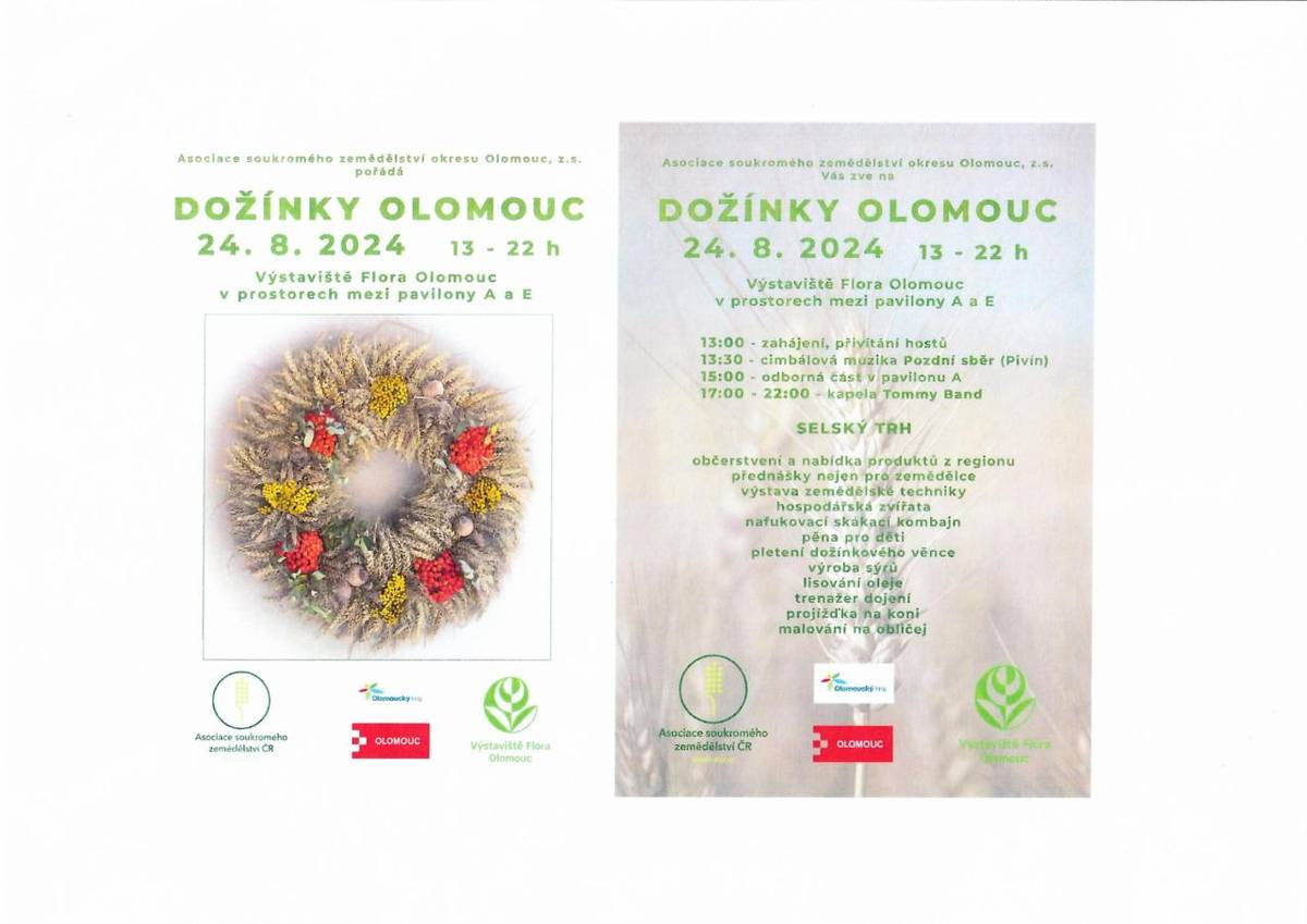Pozvání na Dožínky Olomouc, dne 24.8.2024 na Výstavišti Flora Olomouc