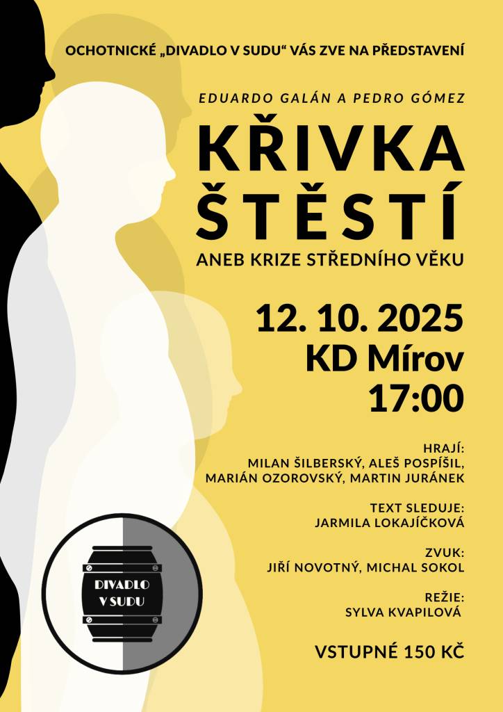 Obec Mírov by vás ráda pozvala na divadelní představení KŘIVKA ŠTĚSTÍ aneb krize středního věku. Představení proběhne dne 12.10.2025 v KD Mírov od 17:00. Vstupné 150Kč.