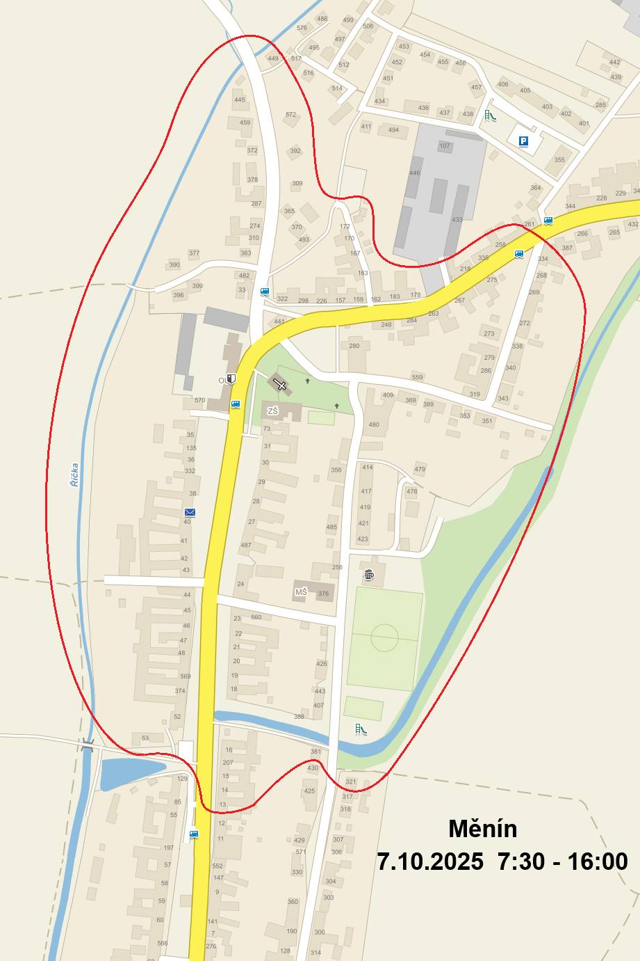 Z důvodu plánovaných prací na zařízení distribuční soustavy -rekonstrukcí, oprav, údržbových a revizních prací - bude přerušena dodávka elektrické energie: Odstávka číslo: 250423532 Dne 07.10.2025 od 07:30 do 07.10.2025 16:00 Vypnutá oblast: Měnín - Městečko od Obchodu č.p. 52, 53 a č.p. 13 směrem ke kostelu, - Lidická od kostela po křižovatku s ul. Krakov čp. 260 a 444, - ul. Krakov, - Chaloupky, - Pod Mlýnem, - Sportovní, - Ruská č.p. 381 a 321  EG.D, s.r.o., jako provozovatel distribuční soustavy je k provedení tohoto nezbytného kroku oprávněna na základě ustanovení § 25 odst. (3) písmeno c) bod 5 zákona č. 458/2000 Sb. ve znění pozdějších předpisů (energetický zákon). Žádáme odběratele el.energie o pochopení pro toto nezbytné omezení. Upozornění: V době přerušení dodávky elektřiny je nutné z důvodu bezpečnosti považovat energetické zařízení za zařízení pod napětím. Případné použití vlastního náhradního zdroje v době přerušení dodávky elektřiny je nutné předem vždy projednat se společností EG.D, s.r.o.  Pro případné další informace volejte Nonstop linku EG.D 800 22 55 77 nebo navštivte www.egd.cz, kde najdete další informace o přerušení dodávek elektřiny. Děkujeme Vám za pochopení. EG.D, s.r.o.