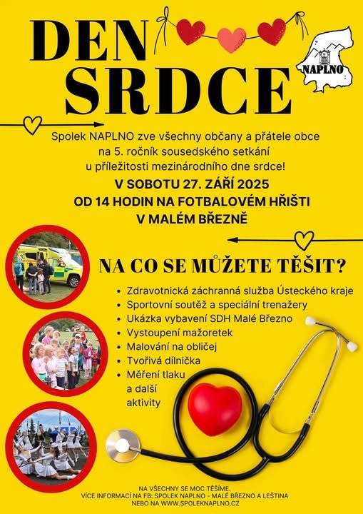Srdečně zveme všechny občany na akci spolku NAPLNO - 5. ročník "Dne srdce", který se uskuteční v sobotu 27.09.2025 od 14:00 hodin na fotbalovém hřišti v Malém Březně❤️🧡💛