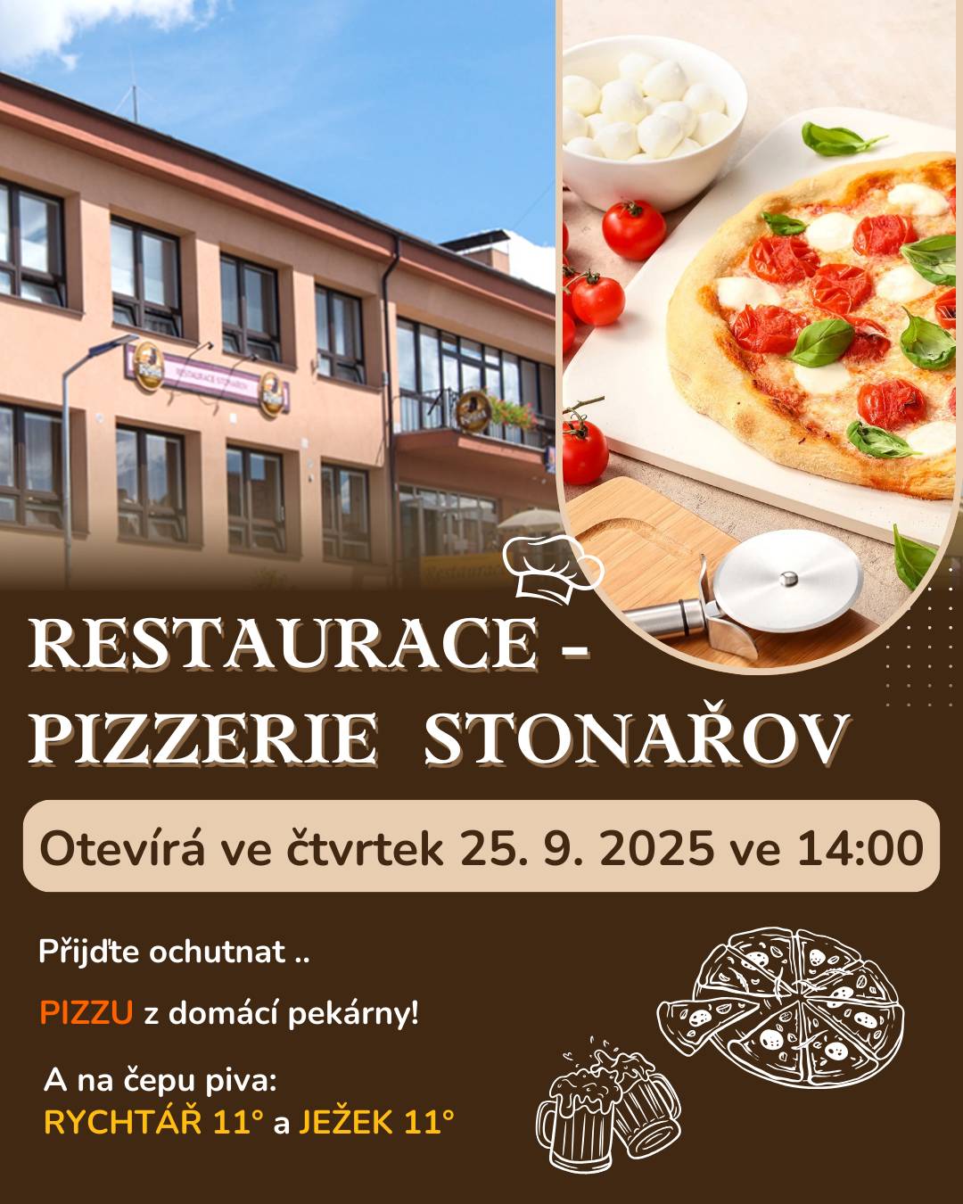 RESTAURACE - PIZZERIE Stonařov DNES od 14 hodin otevřena. A co je na pouťový víkend pro Vás v restauraci připraveno: pizza z domácí pekárny, myslivecký guláš i pouťový řízek s bramborovým salátem. Nový provozovatel pan Petr Kuchta se těší na všechny návštěvníky!