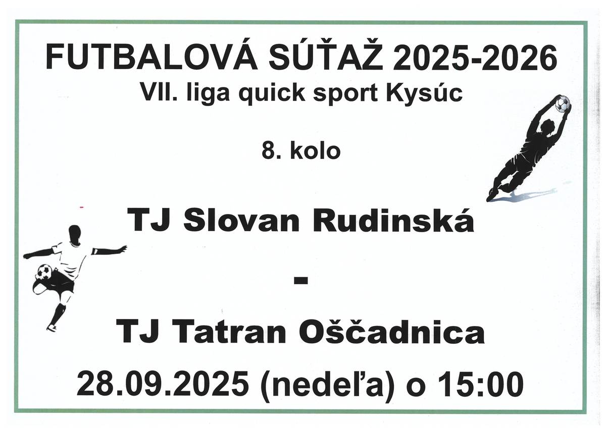 Dňa 28.09.2025 to je v nedeľu odohrajú naši futbalisti 8. kolo zápasu, kde bude súperom TJ Tatran Oščadnica. Zápas začne o 15:00 na našom ihrisku. Príďte povzbudiť našich futbalistov, všetci ste vítaní.