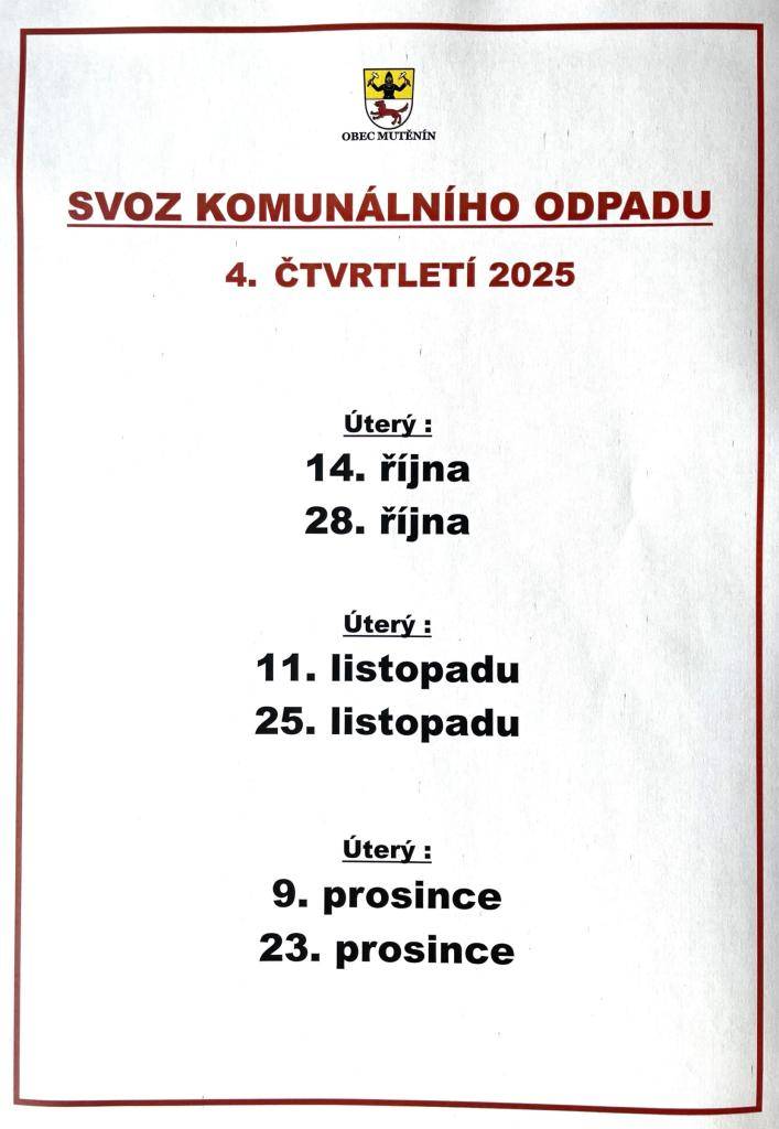 Svoz komunálního odpadu na 4. čtvrtletí 2025.