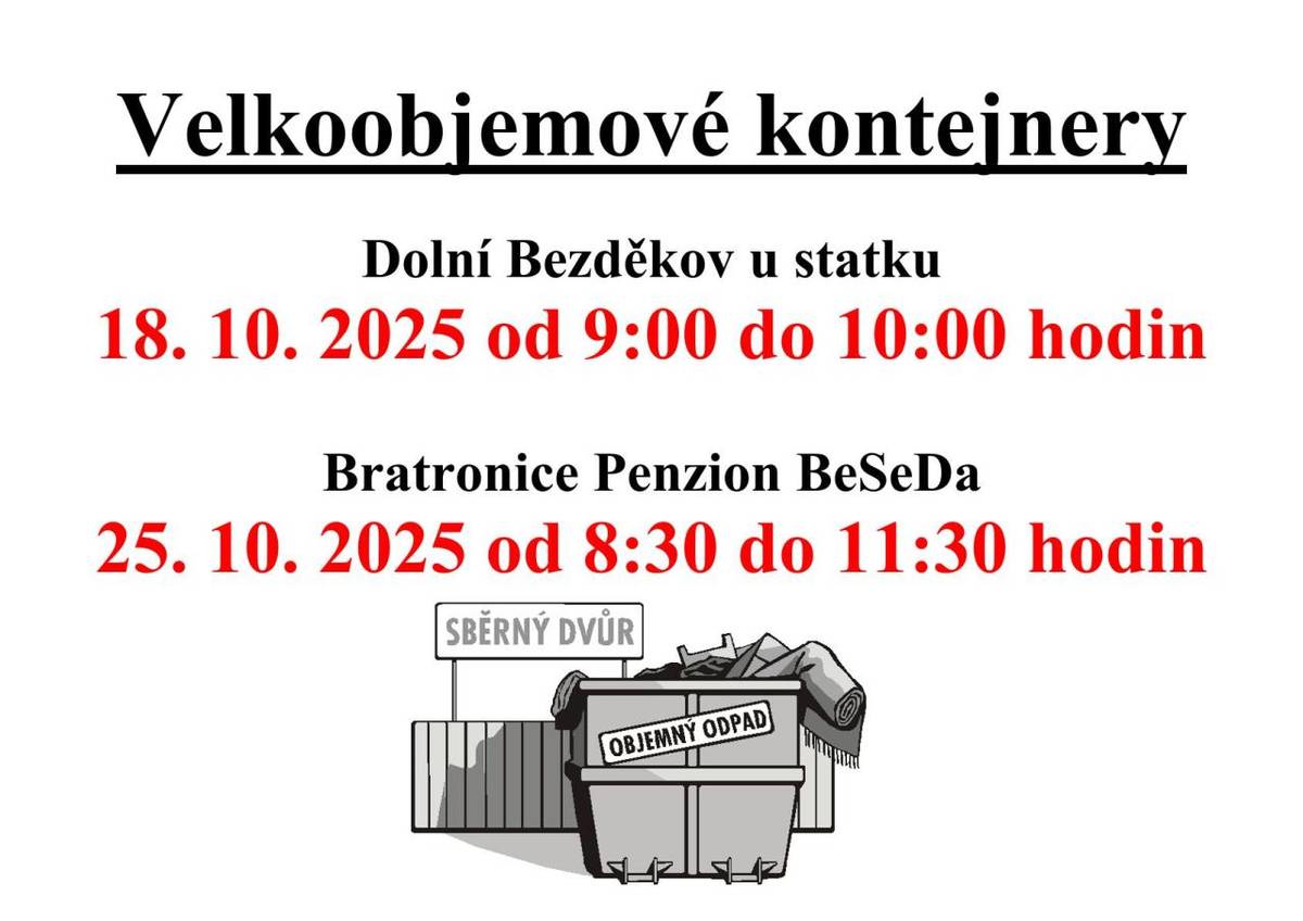 V Dolním Bezděkově se dne 18. října 2025 od 9:00 do 10:00 hodin u statku uskuteční sběr velkoobjemového odpadu.    V Bratronicích 25. října 2025 od 8:30 do 11:30 hodin u penzionu BeSeDa. Tato akce je určena pro obyvatele, kteří chtějí efektivně likvidovat větší objem odpadu.